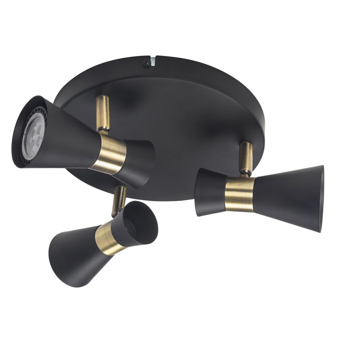 FORLIGHT Eufo plafón triple en negro con acabado en oro para bombilla GU10