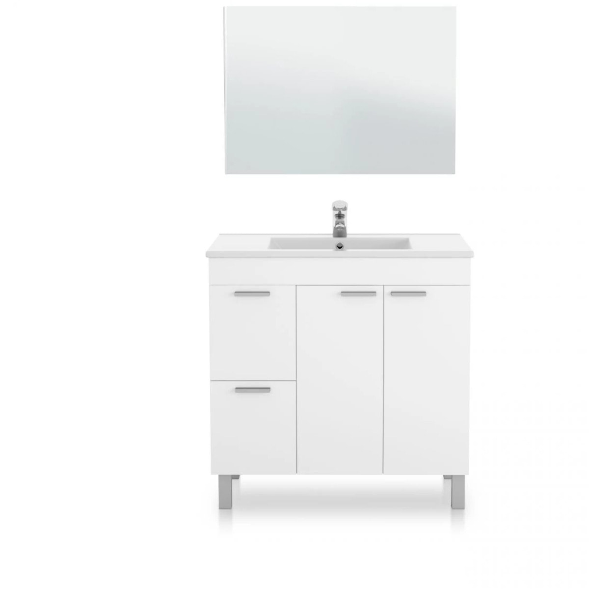 Mueble de baño de 2 cajones, 2 puertas y espejo en blanco brillo 45x80 cm Liz Blanco Brillo