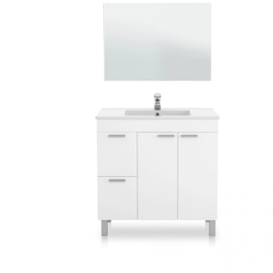 Mueble de baño de 2 cajones, 2 puertas y espejo en blanco brillo 45x80 cm Liz Blanco Brillo