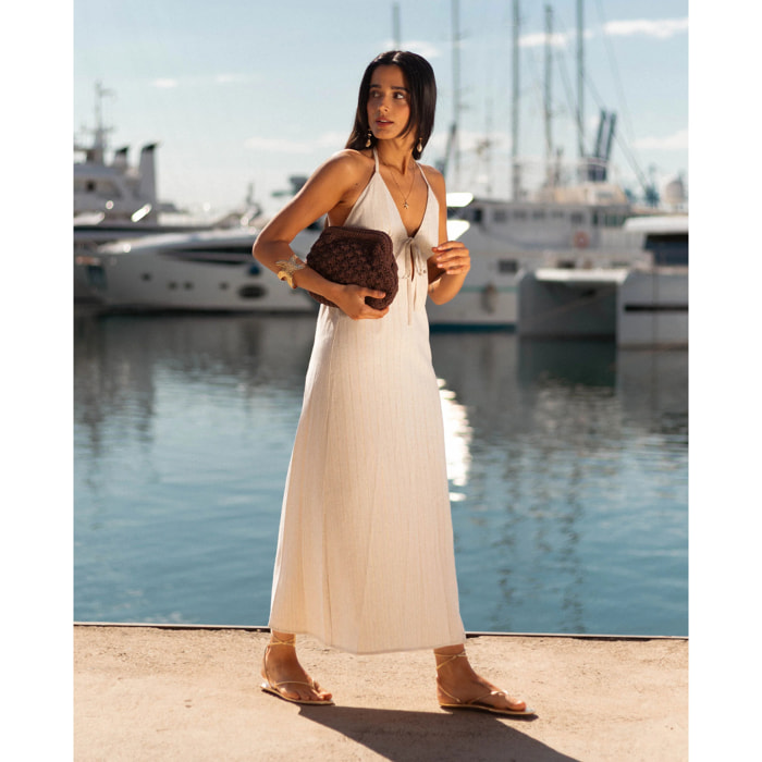 Vestido midi de punto con escote pico y cuello halter