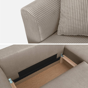 Canapé d'angle convertible réversible 3 places velours côtelé taupe avec coffre de rangement - Almo
