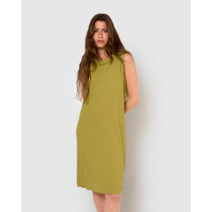 Vestido midi cuello drapeado algodón lino limón