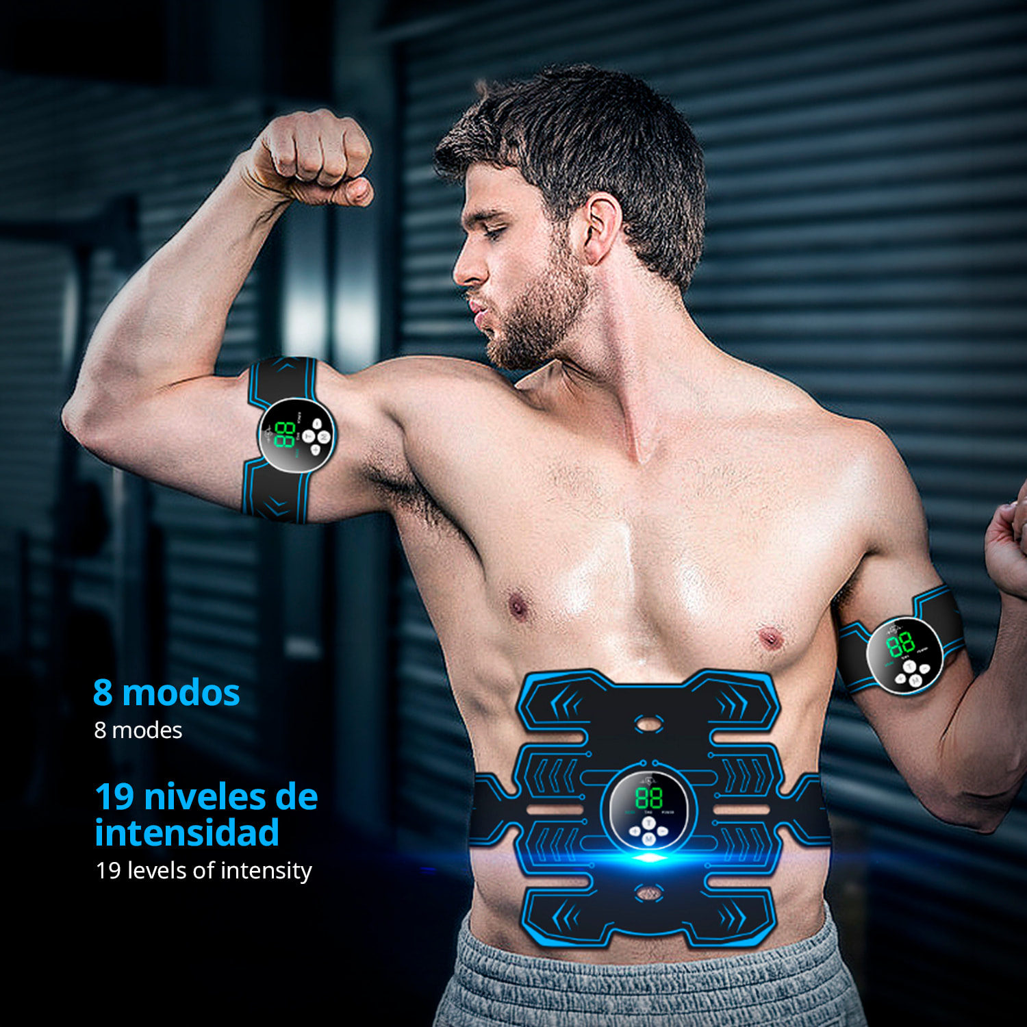 Estimulador electrónico y masaje EMS inteligente Y88. Para abdominales, brazos y piernas. Con 10 modos de uso y 39 intensidades, batería recargable.