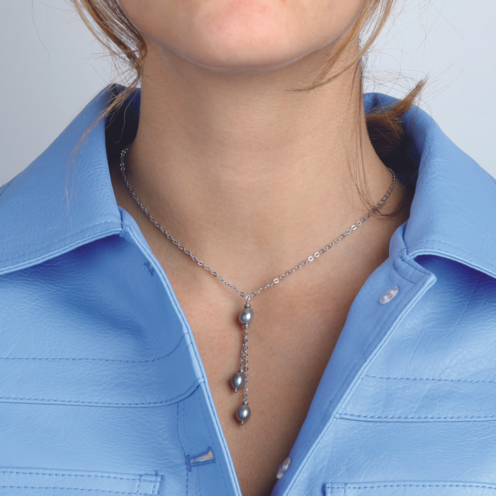 PERLAVIVA - Collana a Cravatta Multifilo Catena Rolo in Argento 925 placcato Rodio con Perle d'Acqua Dolce Grigie Ø 7/8 mm