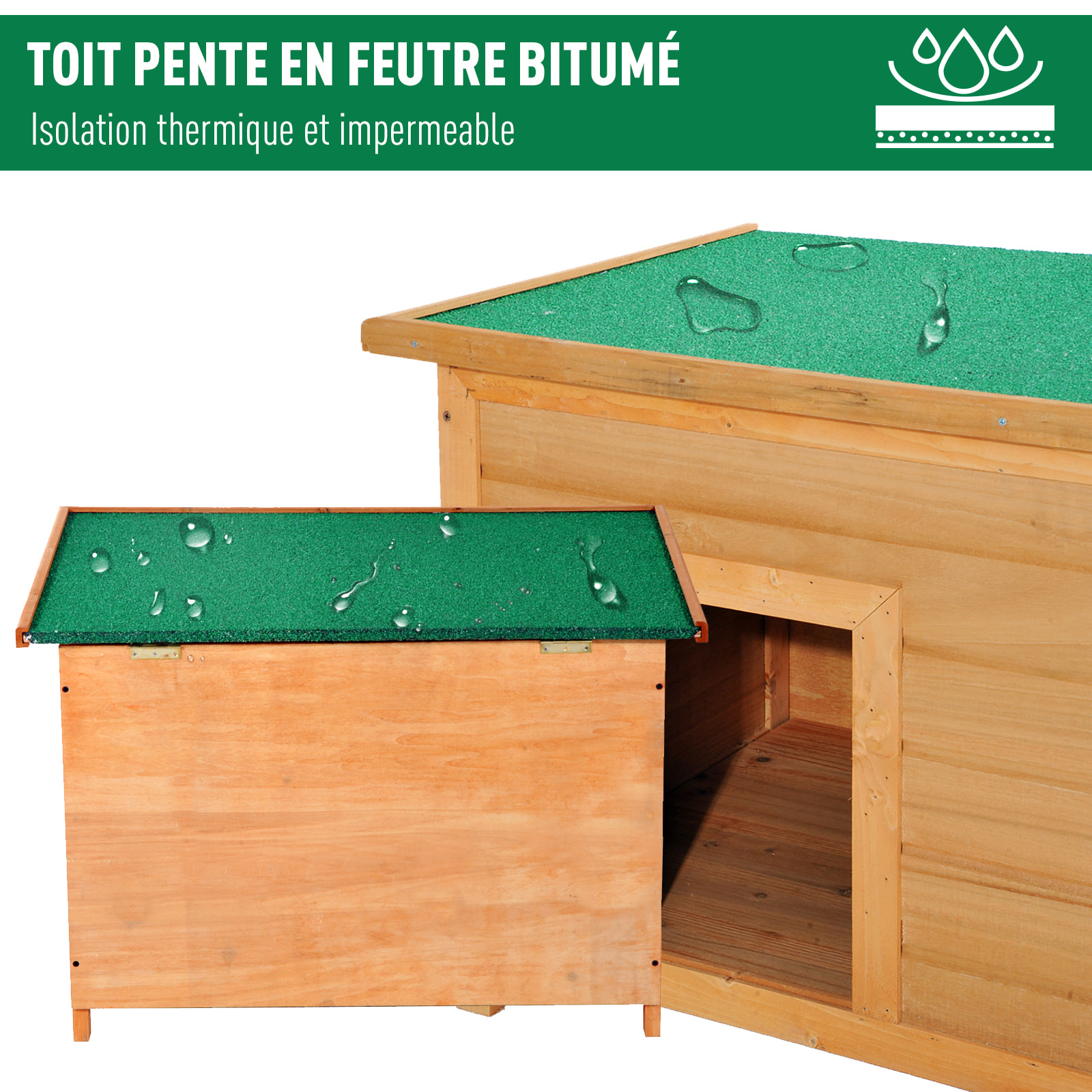 Niche chien sur pied dim. 85L x 58l x 58H cm - toit ouvrant bitumé vert - bois sapin pré-huilé