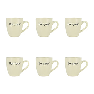 Lot de 6 tasses 20cl en grès blanc à message BONJOUR