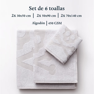 Set 6 de toallas de baño calavera (2x tocador 30x50cm + 2x manos 50x90cm + 2x baño 70x140cm) 100%algodón blanco scalpers home