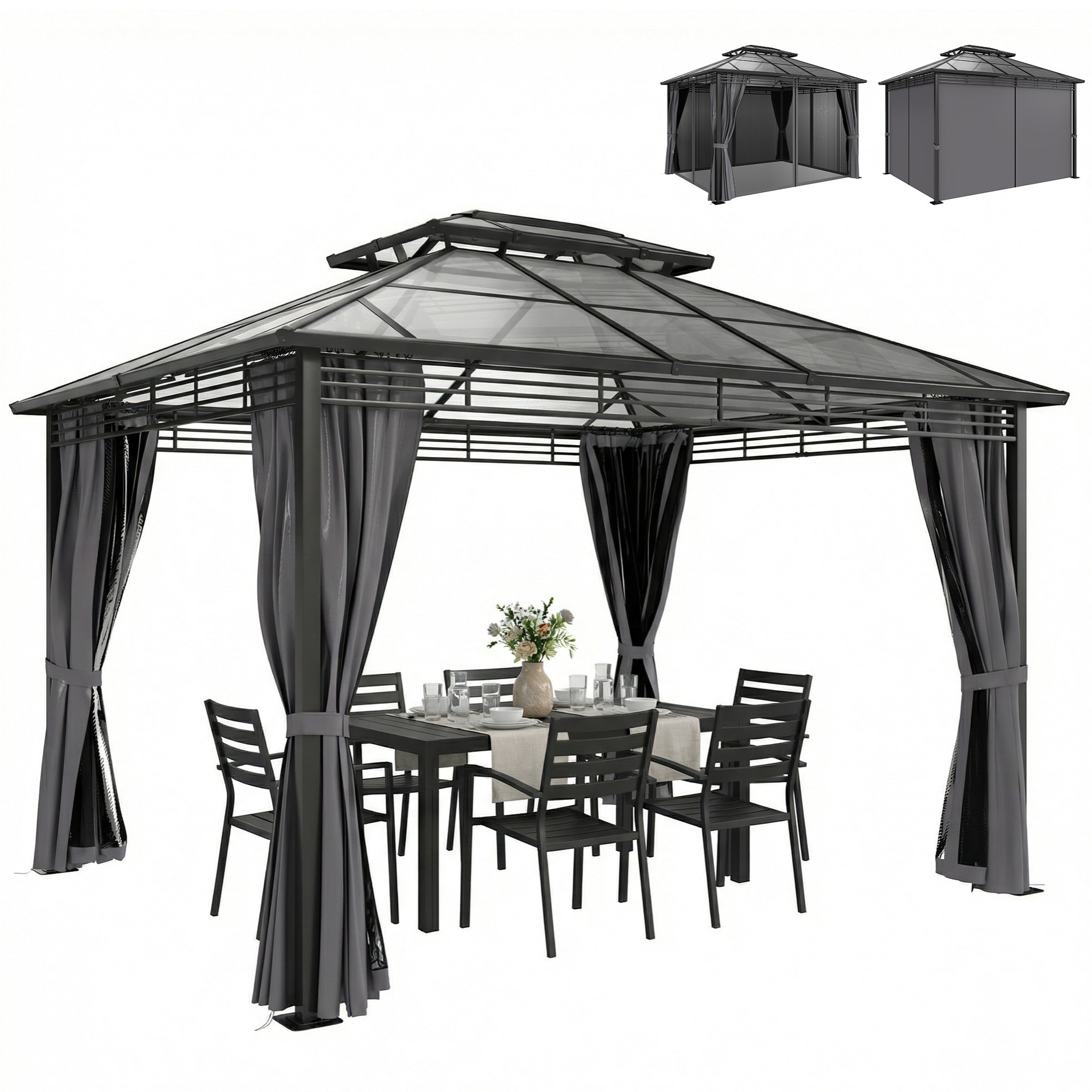Pergola pavillon de jardin alu métal double toit polycarbonate 3 x 3,5 m rideaux moustiquaires inclus