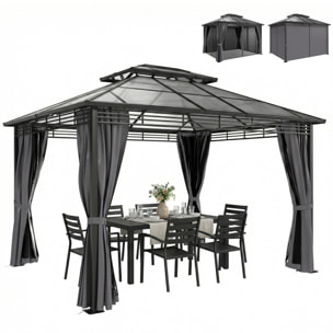 Pergola pavillon de jardin alu métal double toit polycarbonate 3 x 3,5 m rideaux moustiquaires inclus