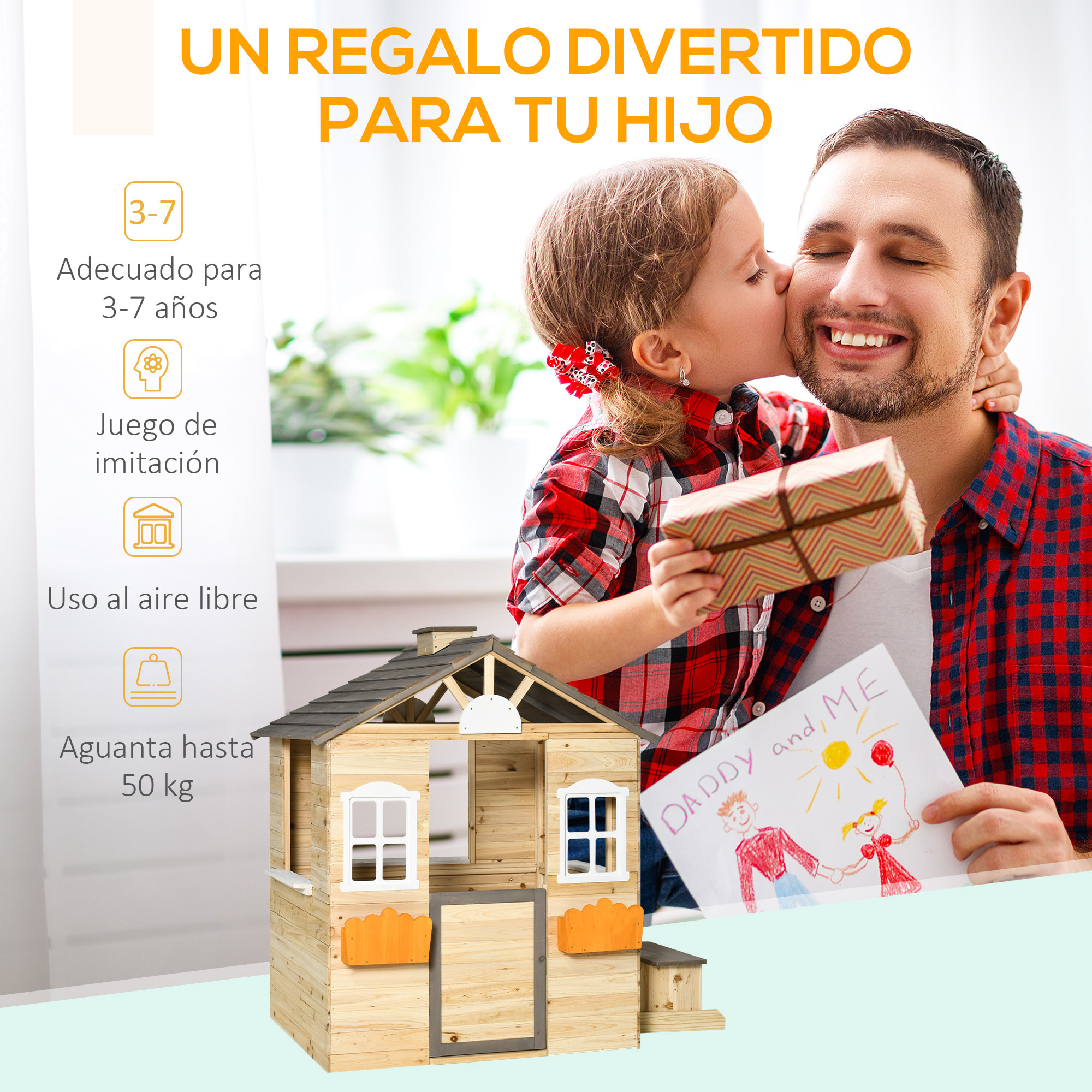 Casa de Jardín Infantil de Madera Casa de Juegos Exterior para Niños de 3 -7 Años con Ventanas 2 Jardineras y 1 Banco 113x94x134,5 cm Natural