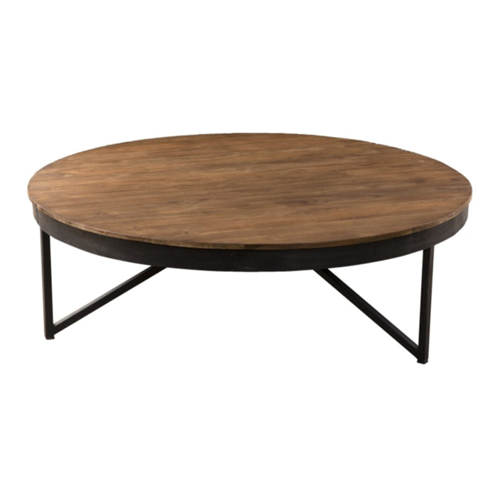 SIXTINE - Table basse ronde marron 110x110cm plateau teck recyclé pieds métal
