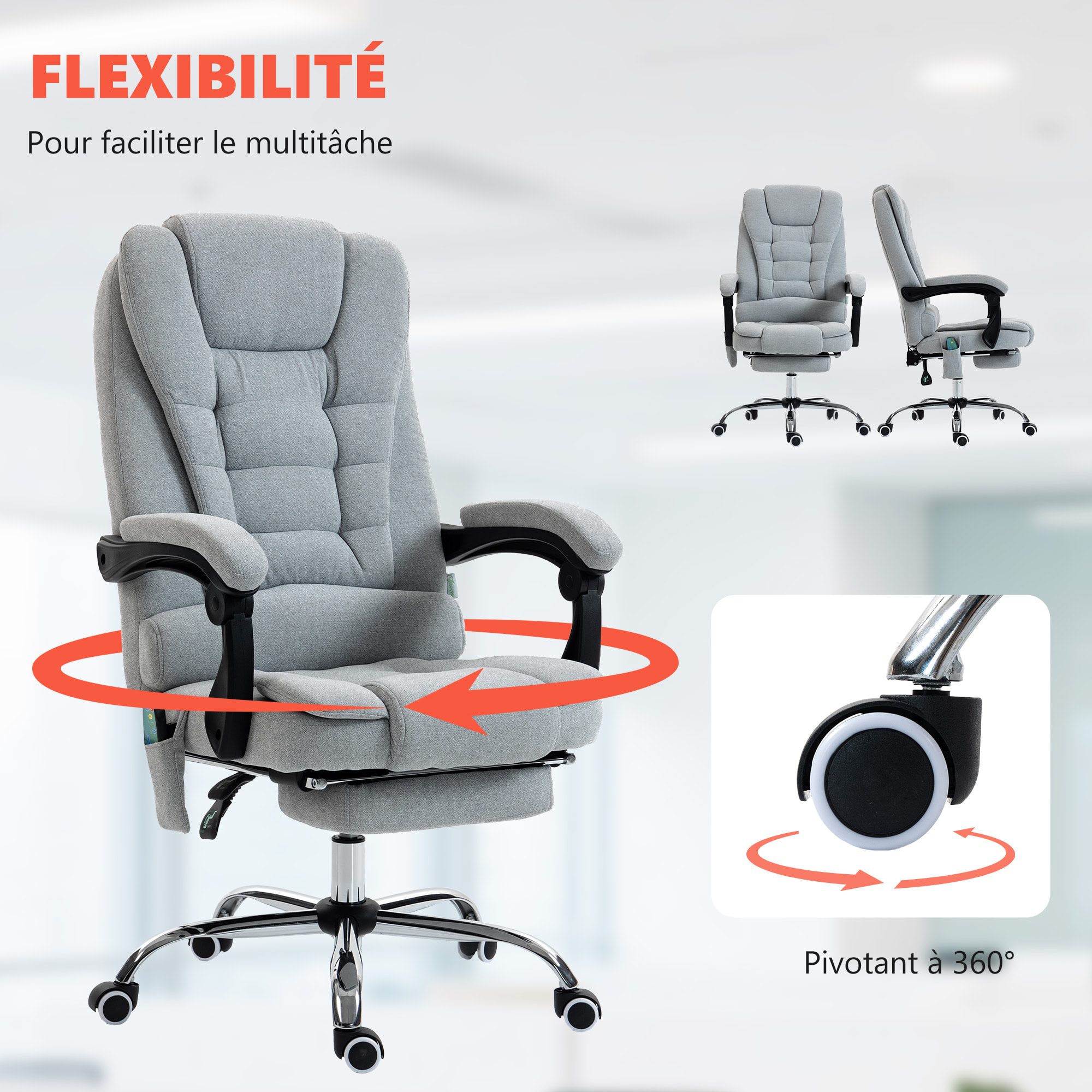 Fauteuil de bureau direction massant chauffant hauteur réglable dossier inclinable tissu gris clair