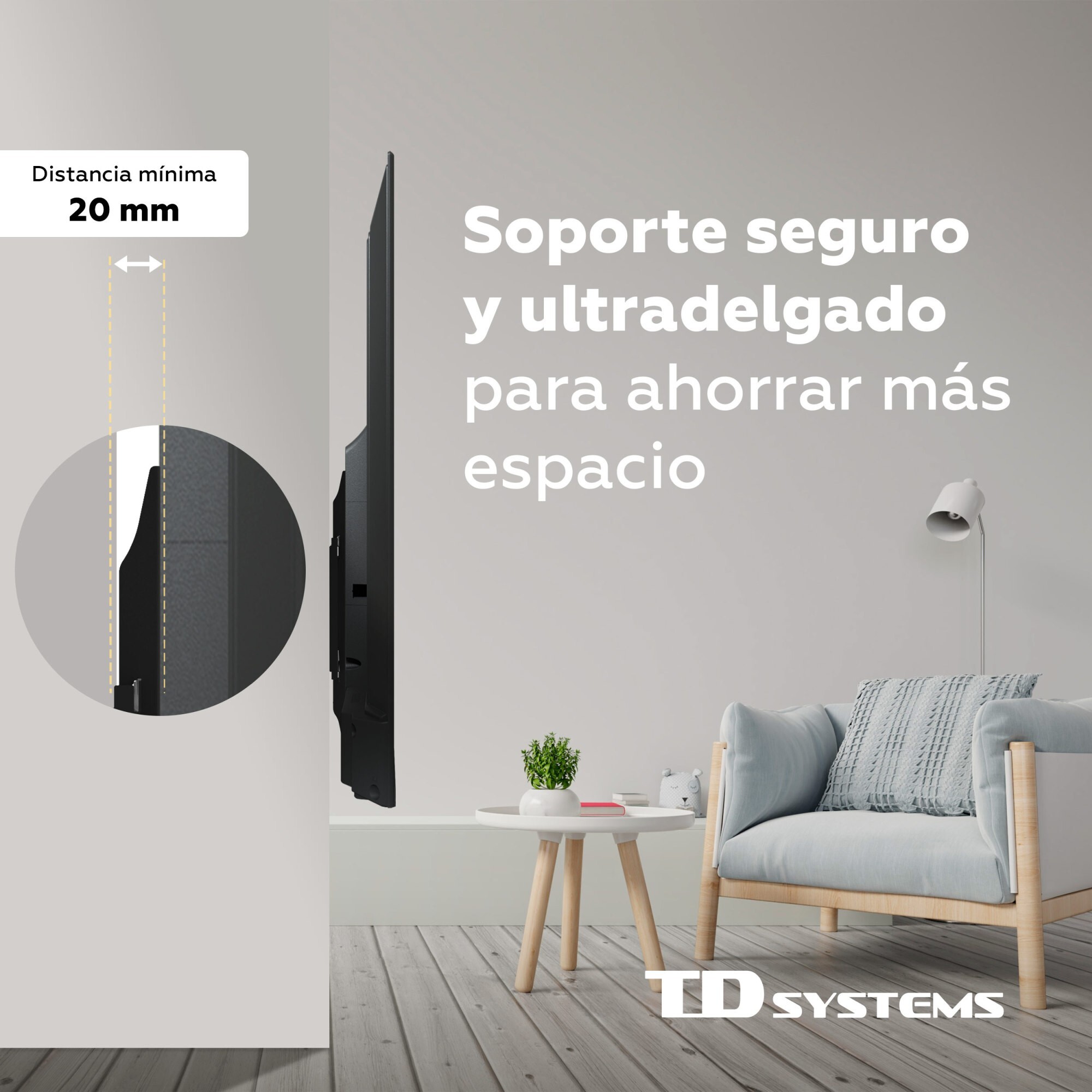 Soporte de TV pared fijo de bajo perfil para pantallas de 32 a 55 pulgadas. VESA máximo de 400 x 400 mm - TD Systems P30X25F44