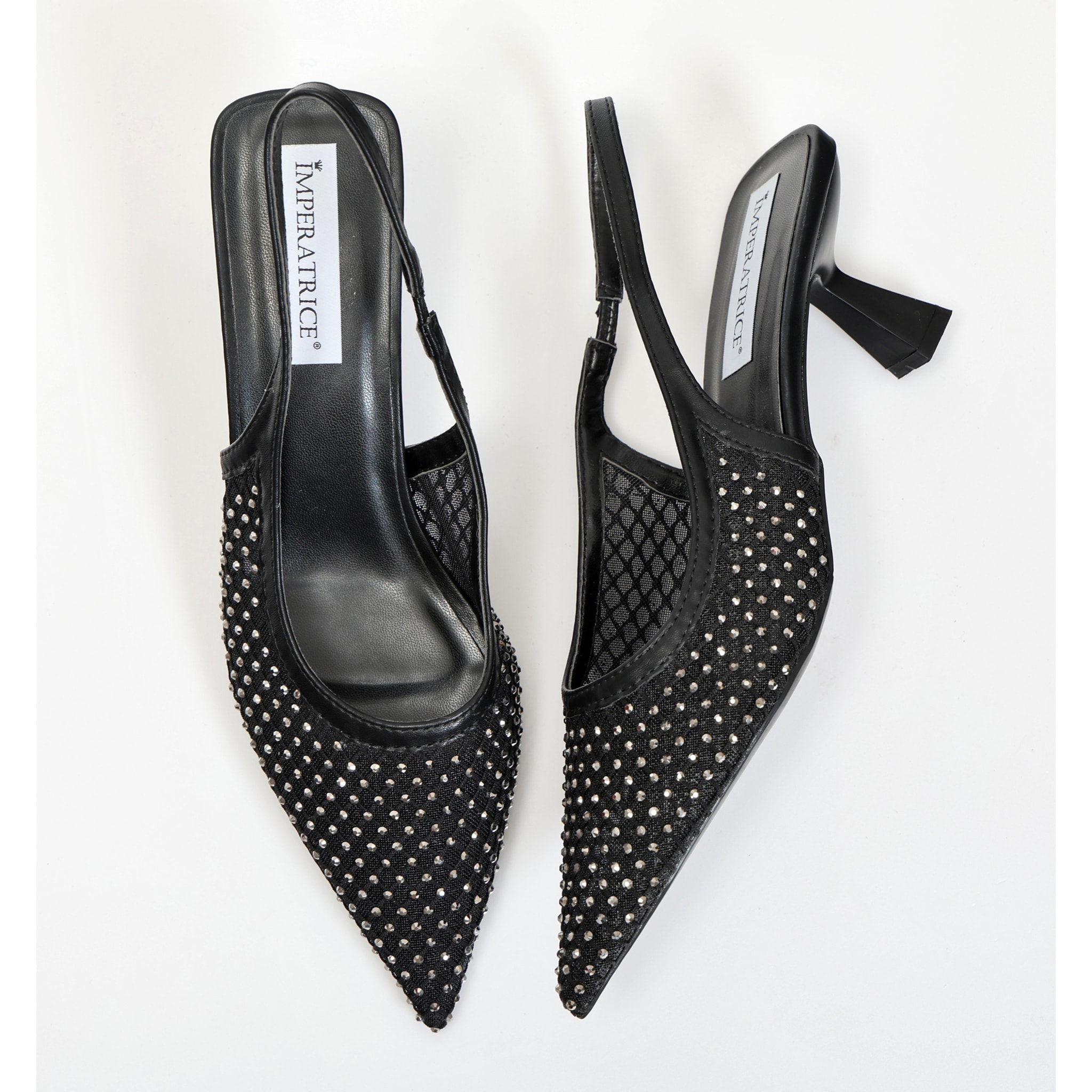 Dècolletè slingback con tacco a rocchetto in tessuto traforato con strass