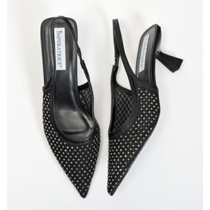 Dècolletè slingback con tacco a rocchetto in tessuto traforato con strass