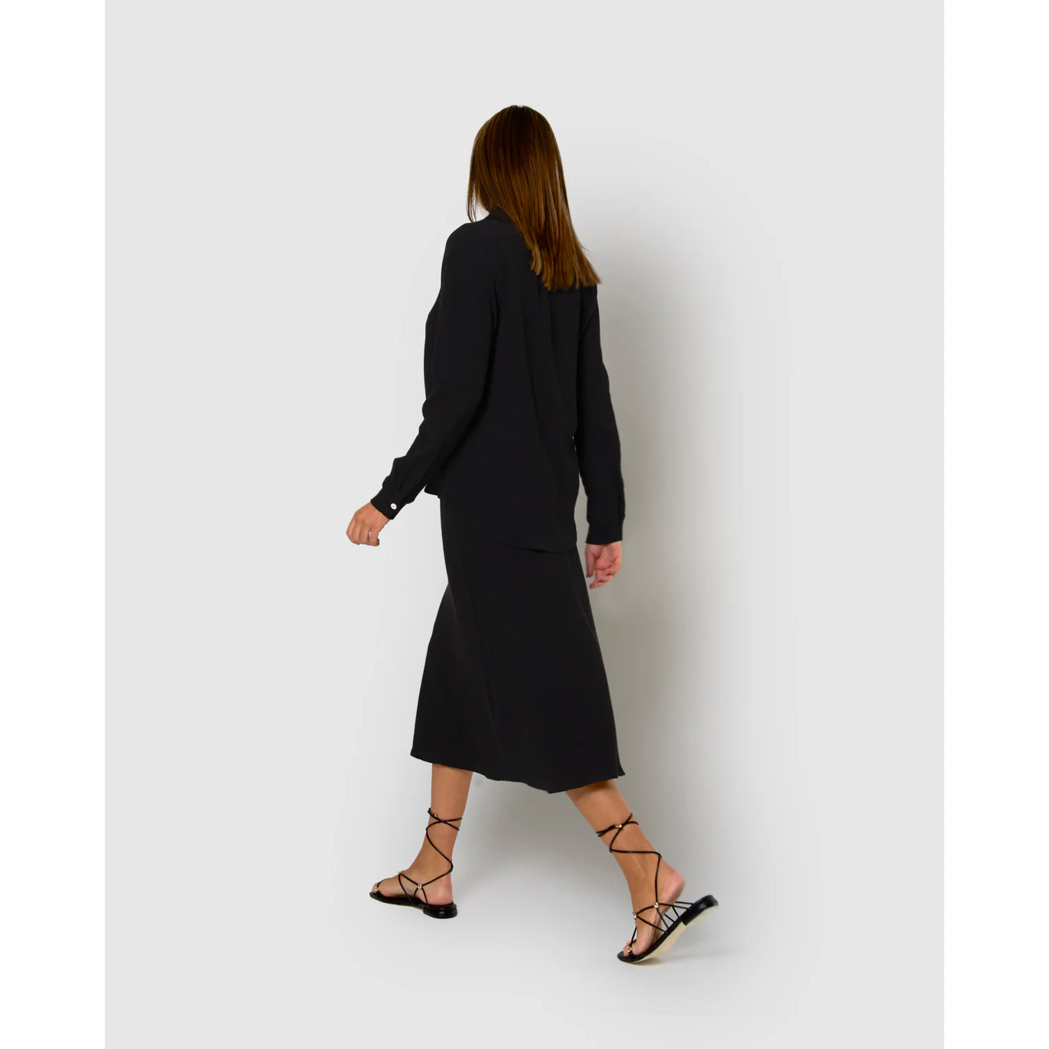 Falda midi evasé algodón lino negro