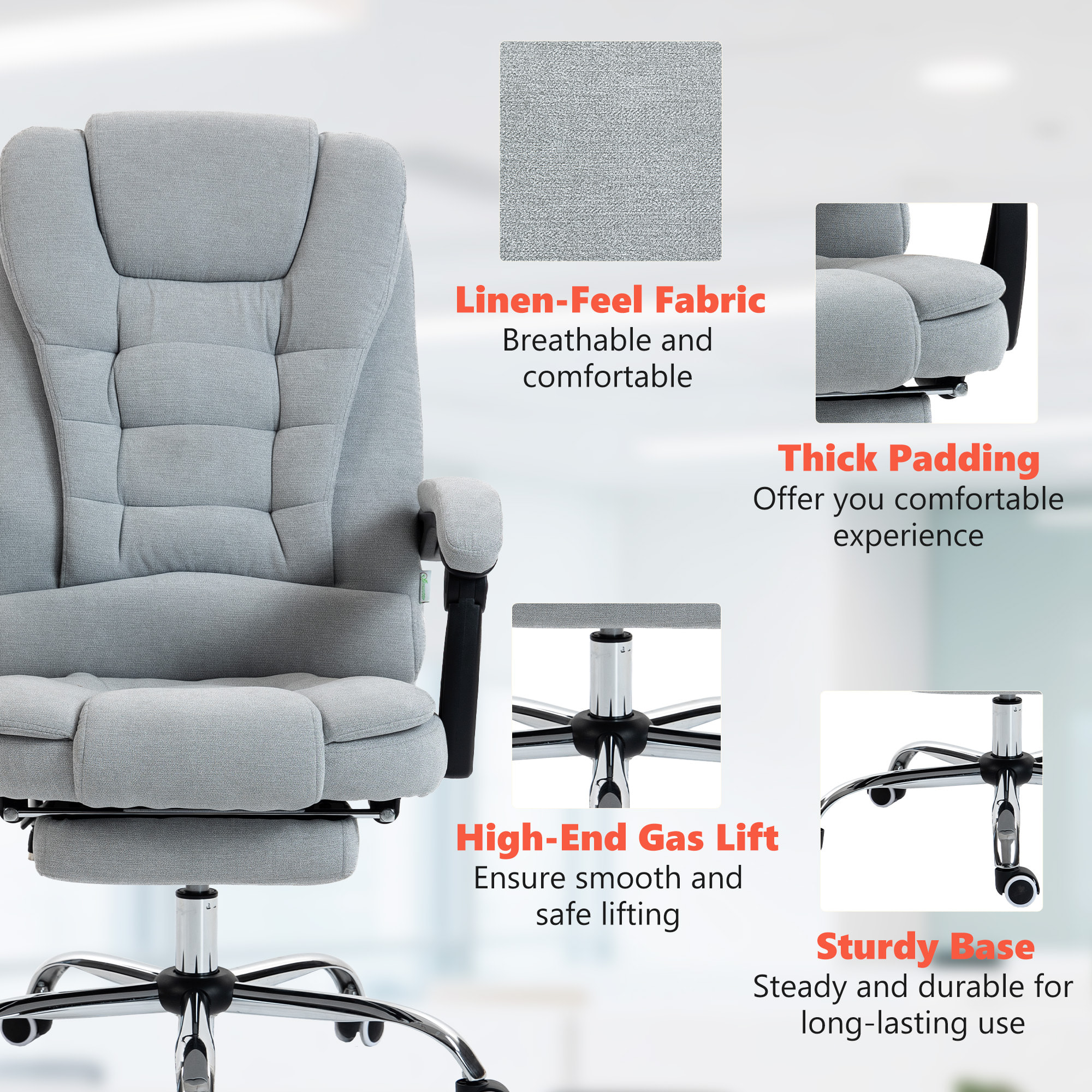 Fauteuil de bureau direction massant chauffant hauteur réglable dossier inclinable tissu gris clair