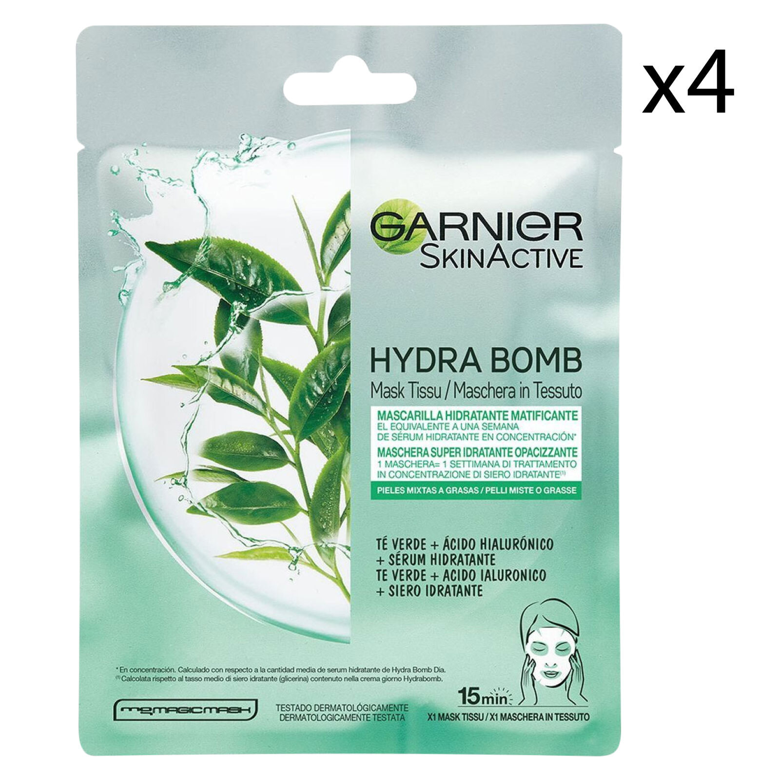 4x Maschera Viso Idratante Opacizzante in Tessuto SkinActive Hydra Bomb con Tè Verde e Acido Ialuronico