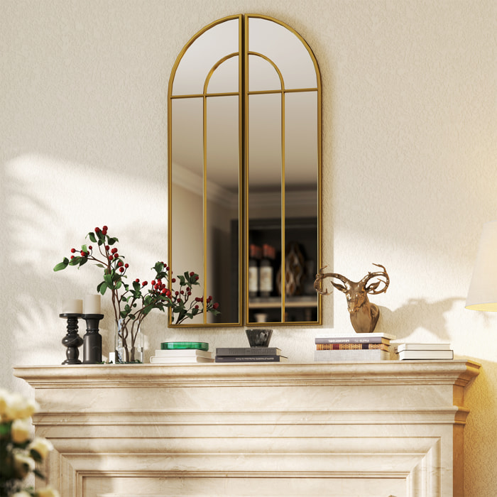 Espejo Decorativo de Pared de 2 Piezas 30x120 cm Espejo de Ventana con Diseño en Arco y Marco de Metal Espejo para Salón Dormitorio Entrada Dorado