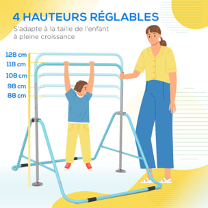 Barre fixe de gymnastique enfant - barre de gymnastique pliable hauteur réglable 4 niv. 88 à 128 cm - acier bleu ciel