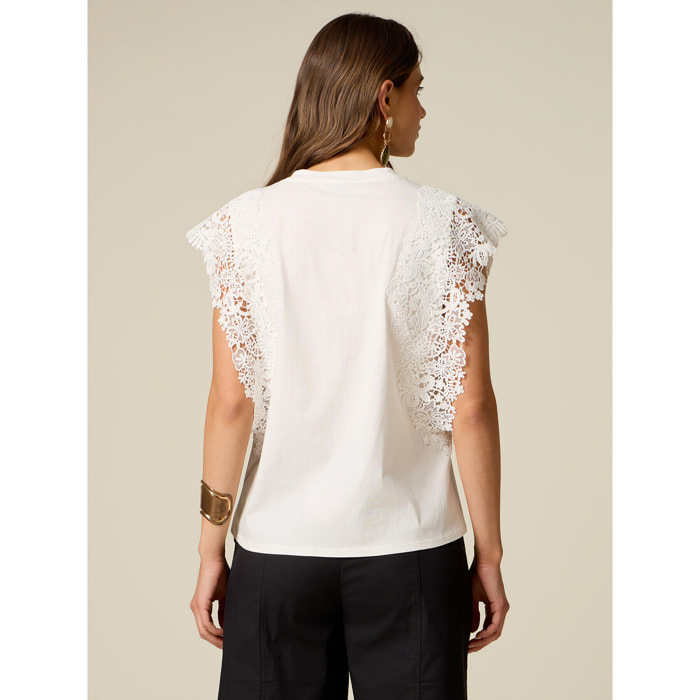 Oltre - T-shirt scollo a V con pizzo - Bianco