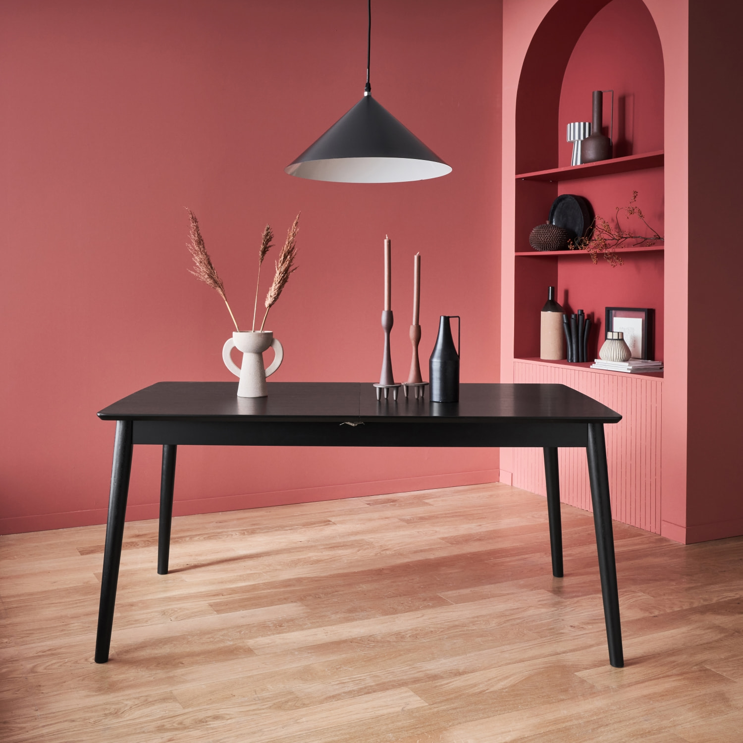 Table à manger rectangulaire extensible bois d'hévéa et placage chêne 6-8 places LINA