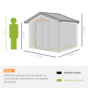 Cobertizo de Jardín Metálico con Base y 4 Ventanas 5,2 m² 277x195x192 cm Verde