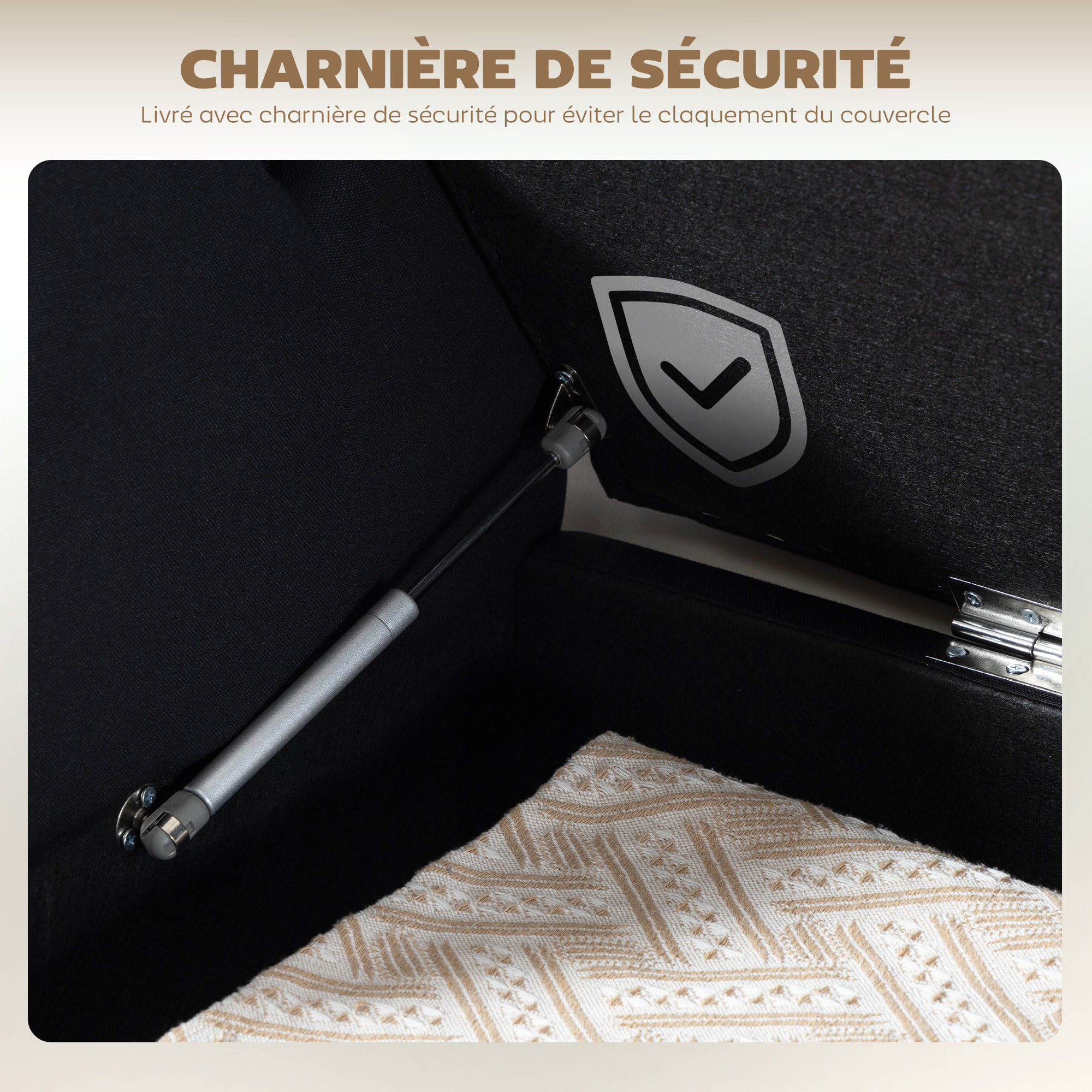 Banquette coffre de rangement 2 en 1 design Chesterfield accoudoirs courbés capitonnés piètement bois noir aspect lin noir