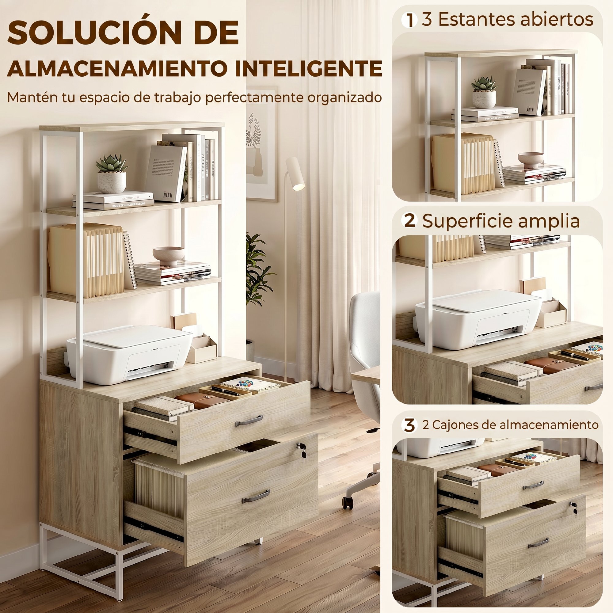 Cajonera Escritorio con Estantería, Mueble Archivador con 2 Cajones, Encimera para Impresora, Cerradura, para A4 Letter Legal, para Oficina, Estudio, Roble