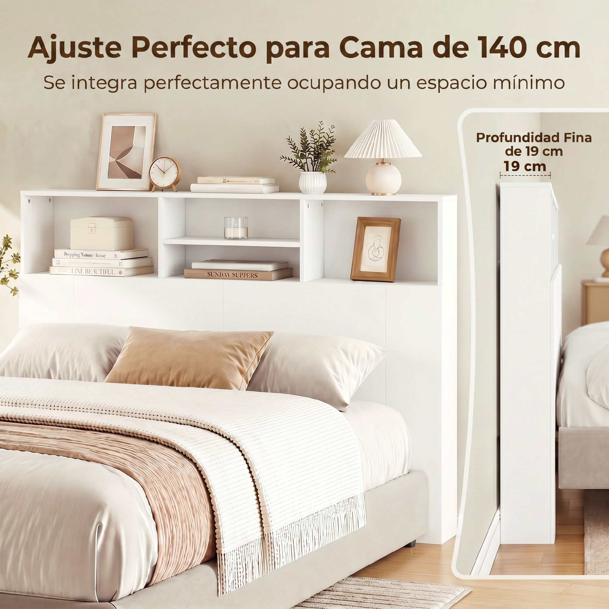 HOMCOM Cabecero de Cama 140 cm con Almacenaje, Cabezal de Cama con 4 Compartimentos Abiertos, Cabecero Moderno para Dormitorio, Blanco