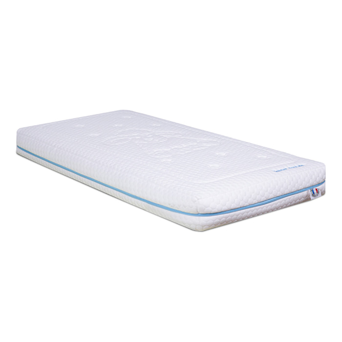 Matelas Enfant Ourson, glissière Bleu, 14 cm, Mousse Haute Densité Supersoft, Déhoussable, Soutien Medium, Fabrication Française, CertiPUR Oeko-Tex