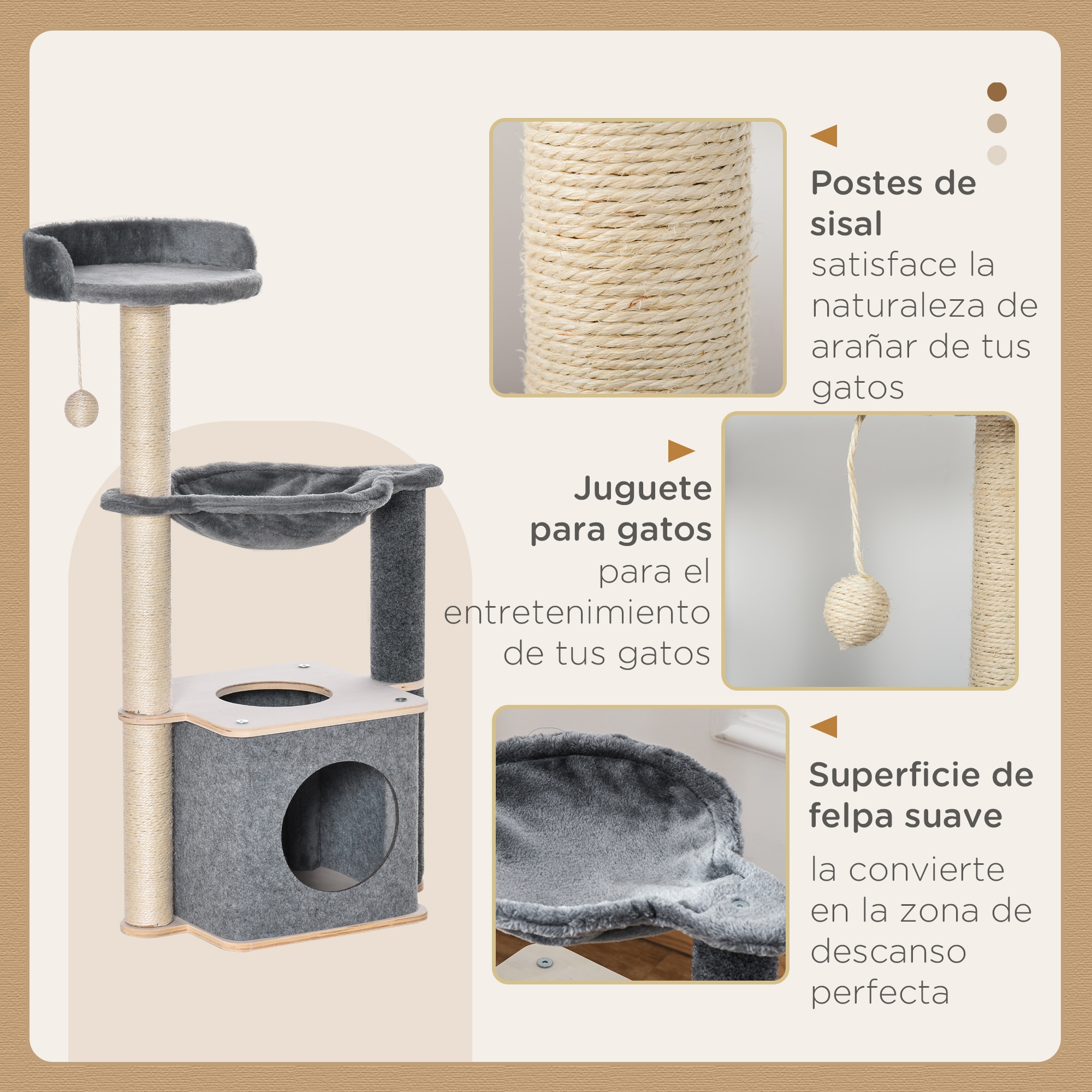 Árbol Rascador de Gato con Hamaca Plataformas Cueva Poste para Rascar 48x34x95cm