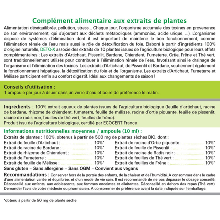 NUTRI EXPERT - Deto-X -Complément alimentaire BIO à base de plantes - Favorise le drainage et l'élimination des toxines - Cure de 20 j - Lot de 2 produits