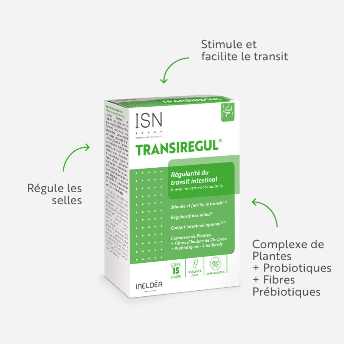 ISN - Transiregul - Complément alimentaire aux extraits de plantes - Contribue à la régularité des selles et à une meilleure digestion - Cure de 15 jours - 45 gélules végétales