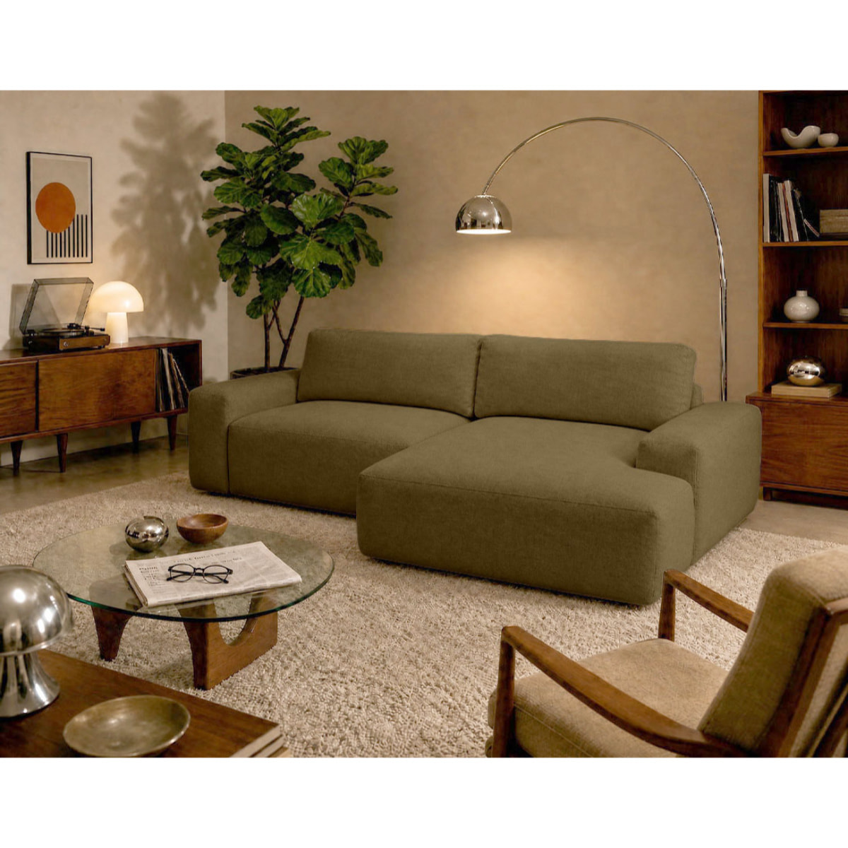 Tama - Canapé d'angle droit 4 places convertible avec coffre en tissu - Vert