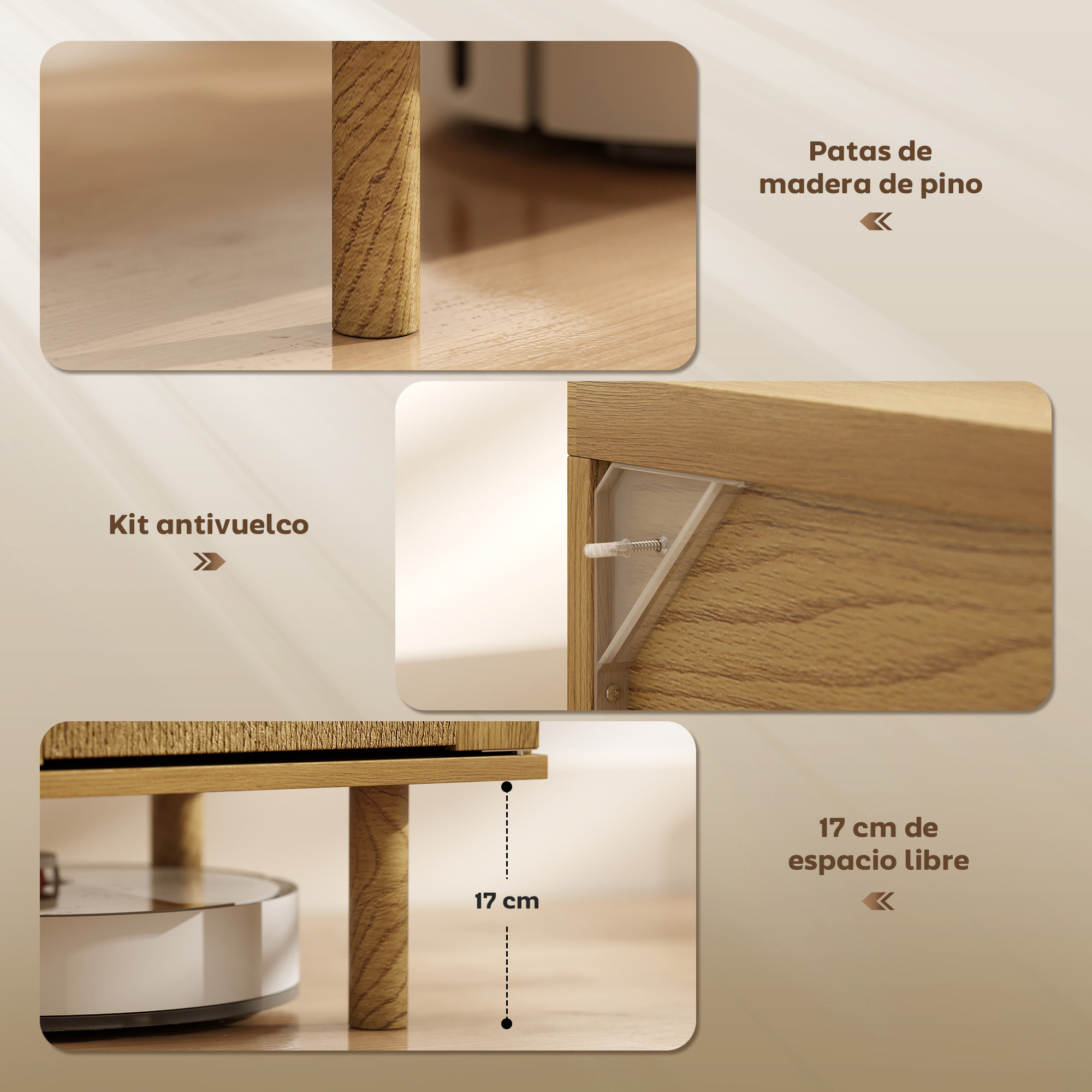 Aparador Bohemio de 2 Puertas con Cuerda Tejida a Mano, Aparador de Salón con Estante Ajustable, Apertura por Presión, Patas de Madera, Roble, 60x40x78 cm