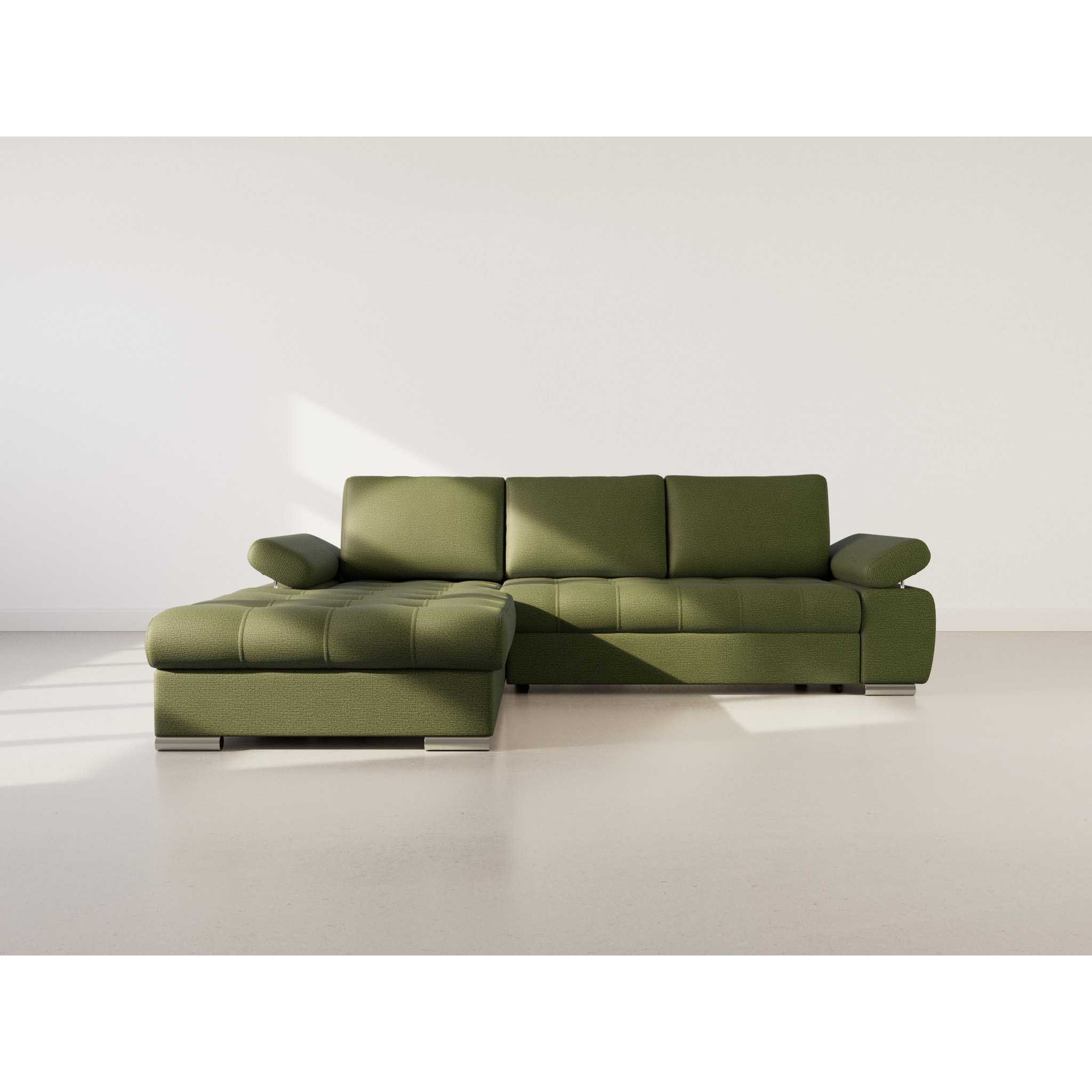 Bianca - Canapé d'angle gauche 4 places convertible avec coffre en tissu texturé - Vert