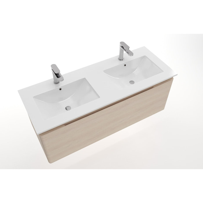 Modena 121x46 cm meuble double vasque en céramique, 2 trous pour robinetterie, blanc (M2N12046)