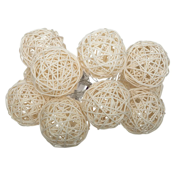 Guirlande LED "Rotin" 10 boules pile blanc ivoire L162cm