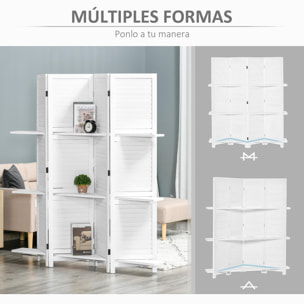 Biombo Separador de Madera de 4 Paneles Divisor de Habitaciones Plegable con 3 Estantes Extraíbles Diseño Persiana para Dormitorio Oficina 160x170 cm Blanco