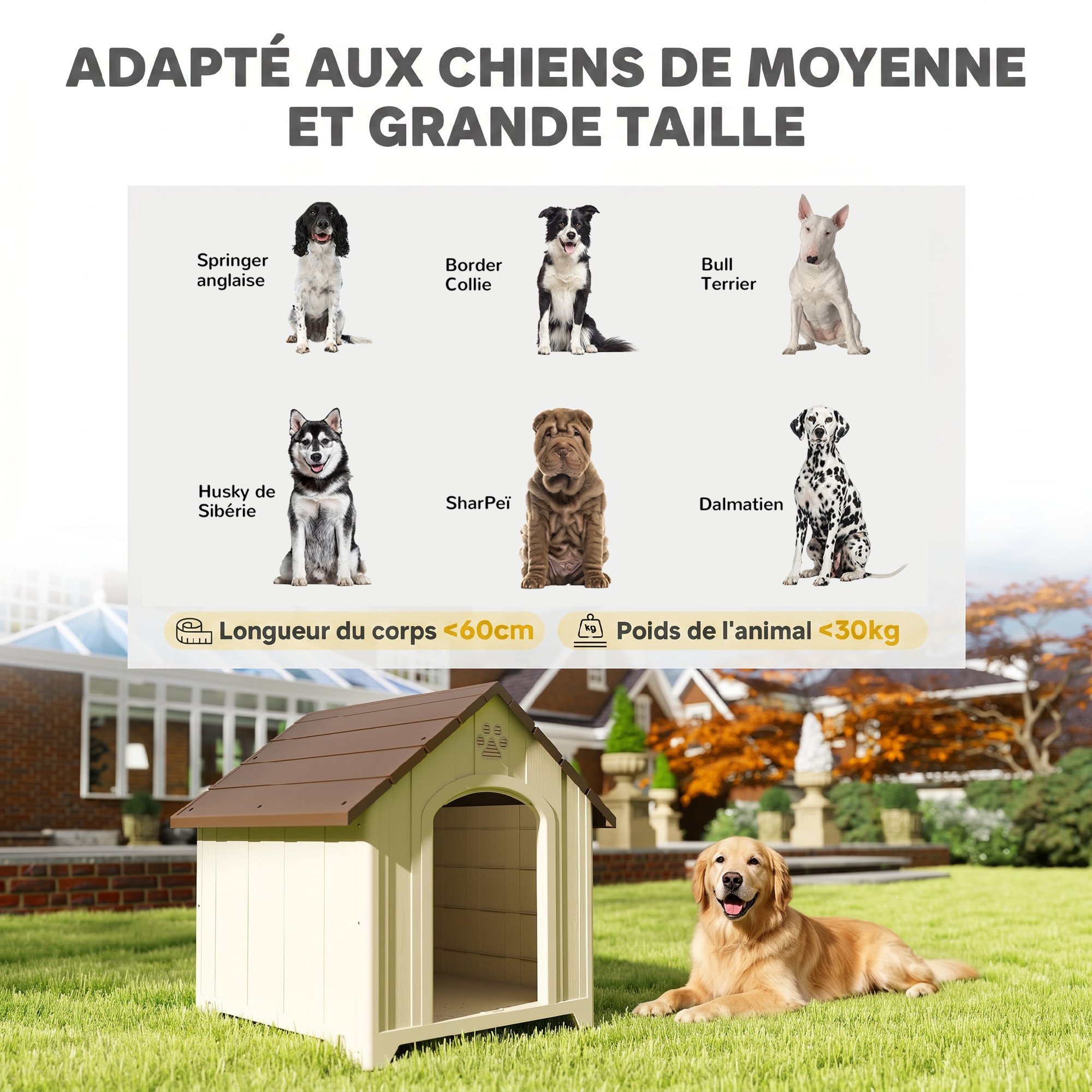 Niche chien plastique effet bois design chalet - 88 x 79 x 89 cm - beige marron