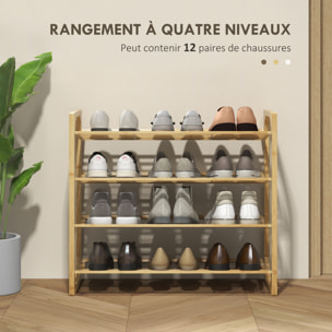 Étagère à chaussures en bambou 4 niveaux à lattes dim. 76 x 33 x 67 cm