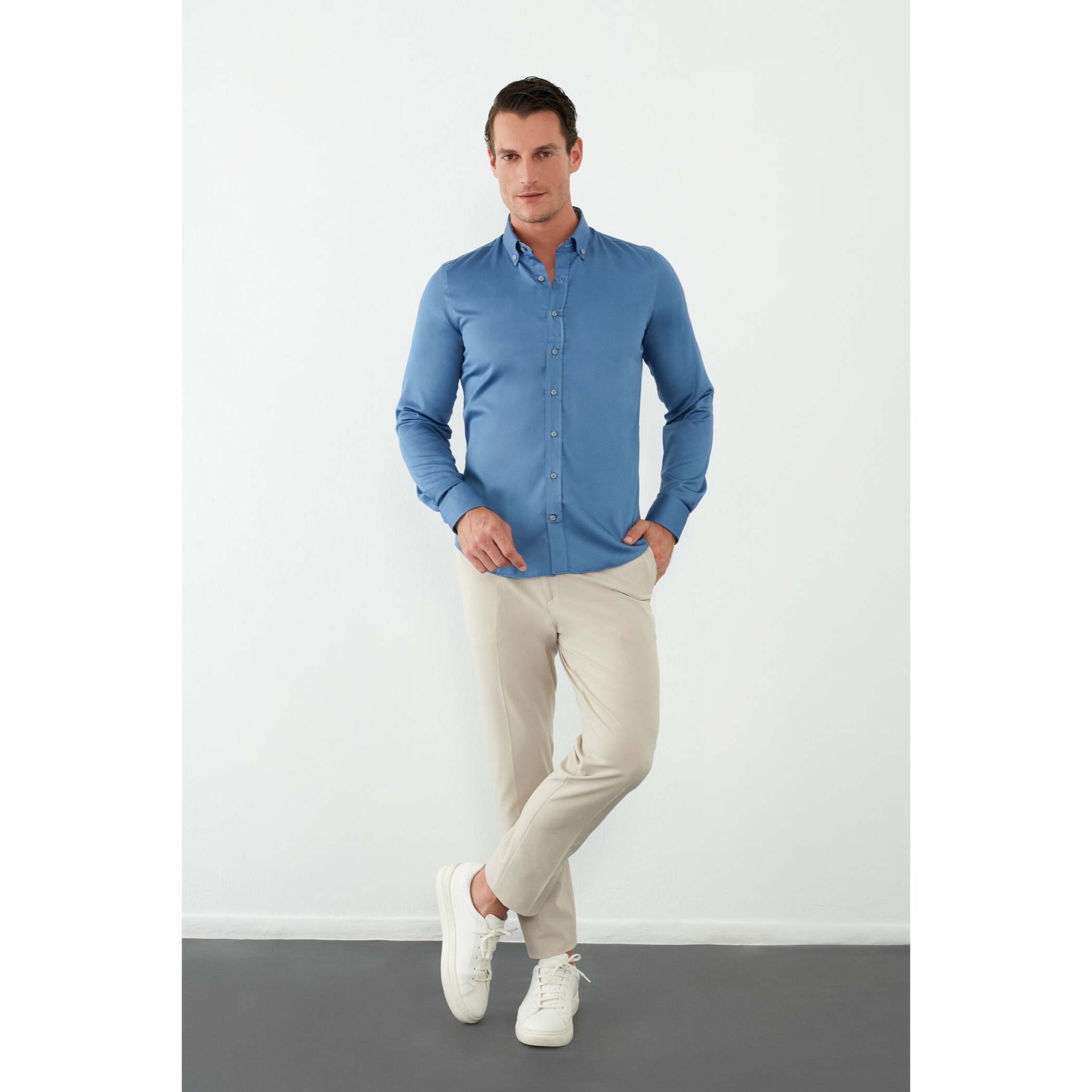 camicia uomo 1 bottone button down slim Satin Unito Blu avion