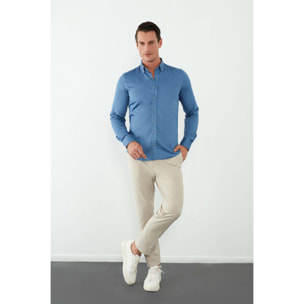 camicia uomo 1 bottone button down slim Satin Unito Blu avion