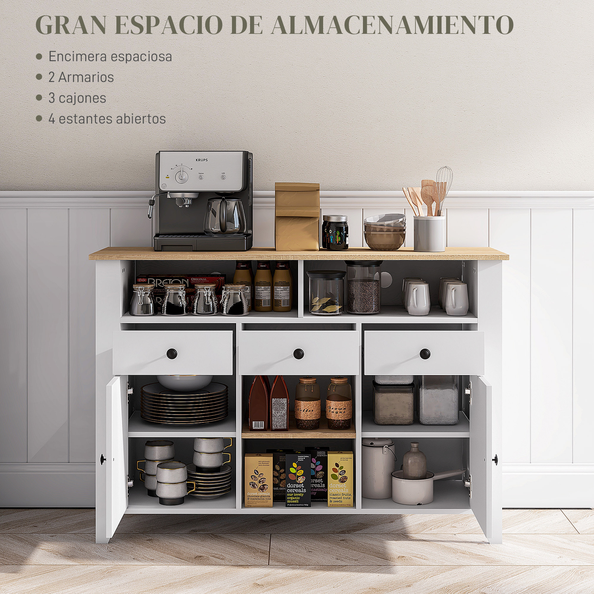 Aparador de Cocina Mesa para Televisores de 50 Pulgadas con 3 Cajones 2 Puertas 2 Estantes Abiertas y 2 Estantes Ajustables Estilo Moderno 120x38x81,5 cm Blanco