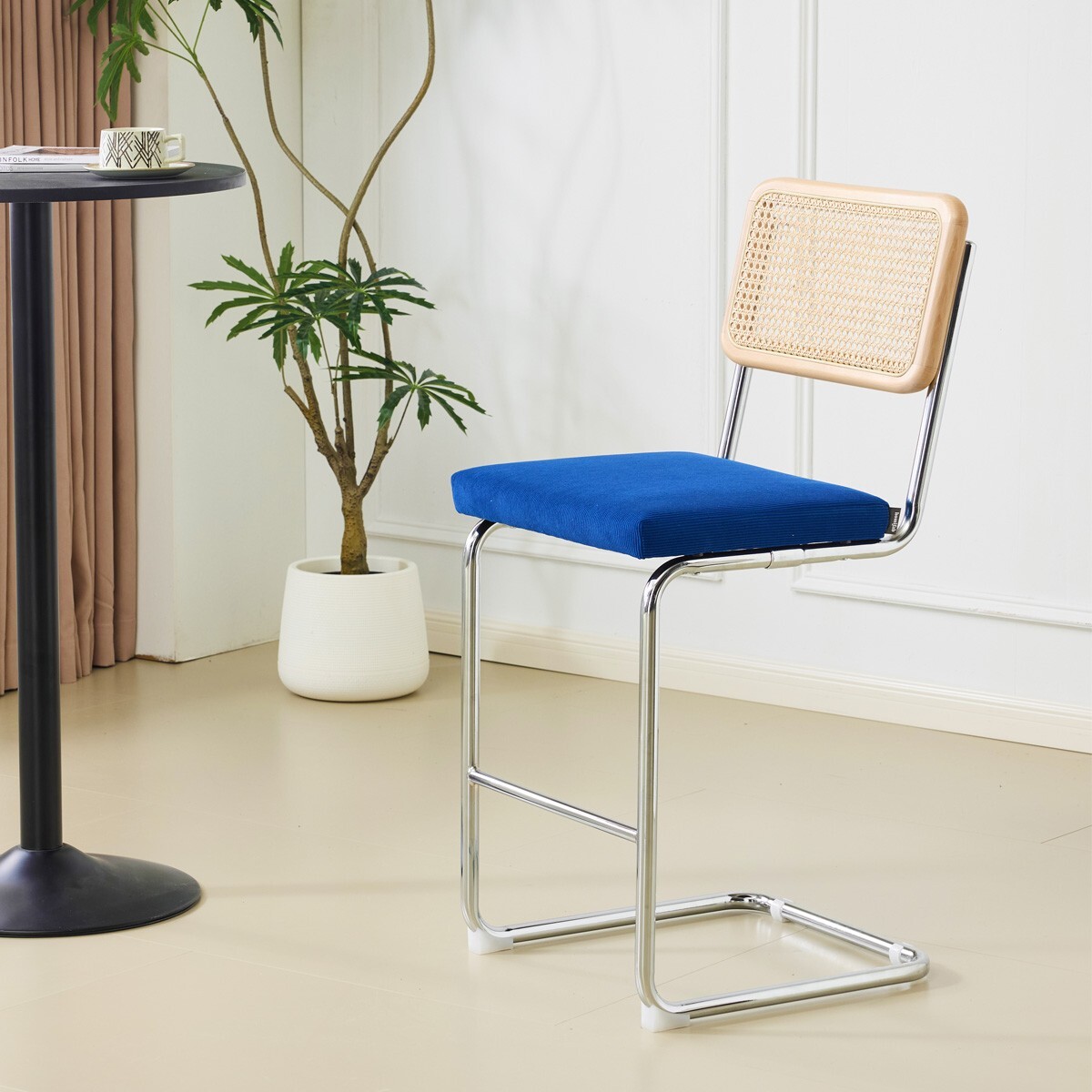 Lot de 2 tabourets de bar en cannage et velours côtelé - MUSE