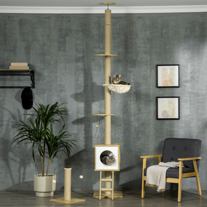 Árbol para Gatos del Suelo al Techo 225-285 cm Altura Ajustable Árbol para Gatos Grande con Plataformas Hamaca Caseta Poste de Yute Rampa y Bolas 40x40x225-285 cm Beige