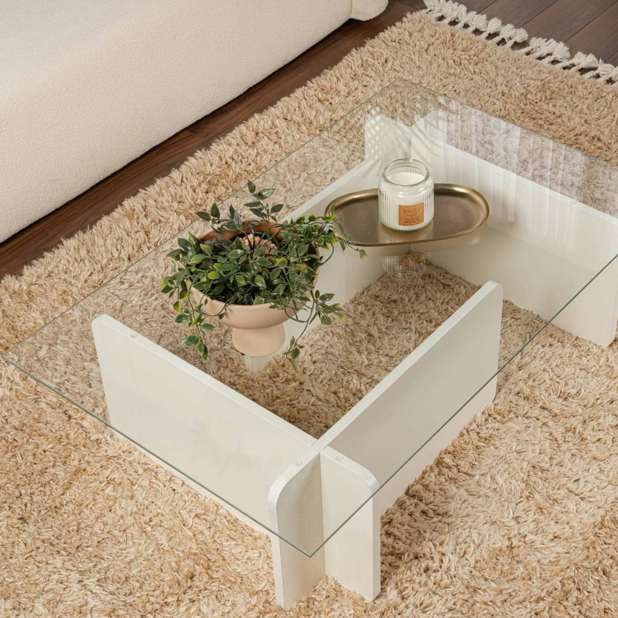 Table basse verre déstructurée – base effet bois blanc SALTA