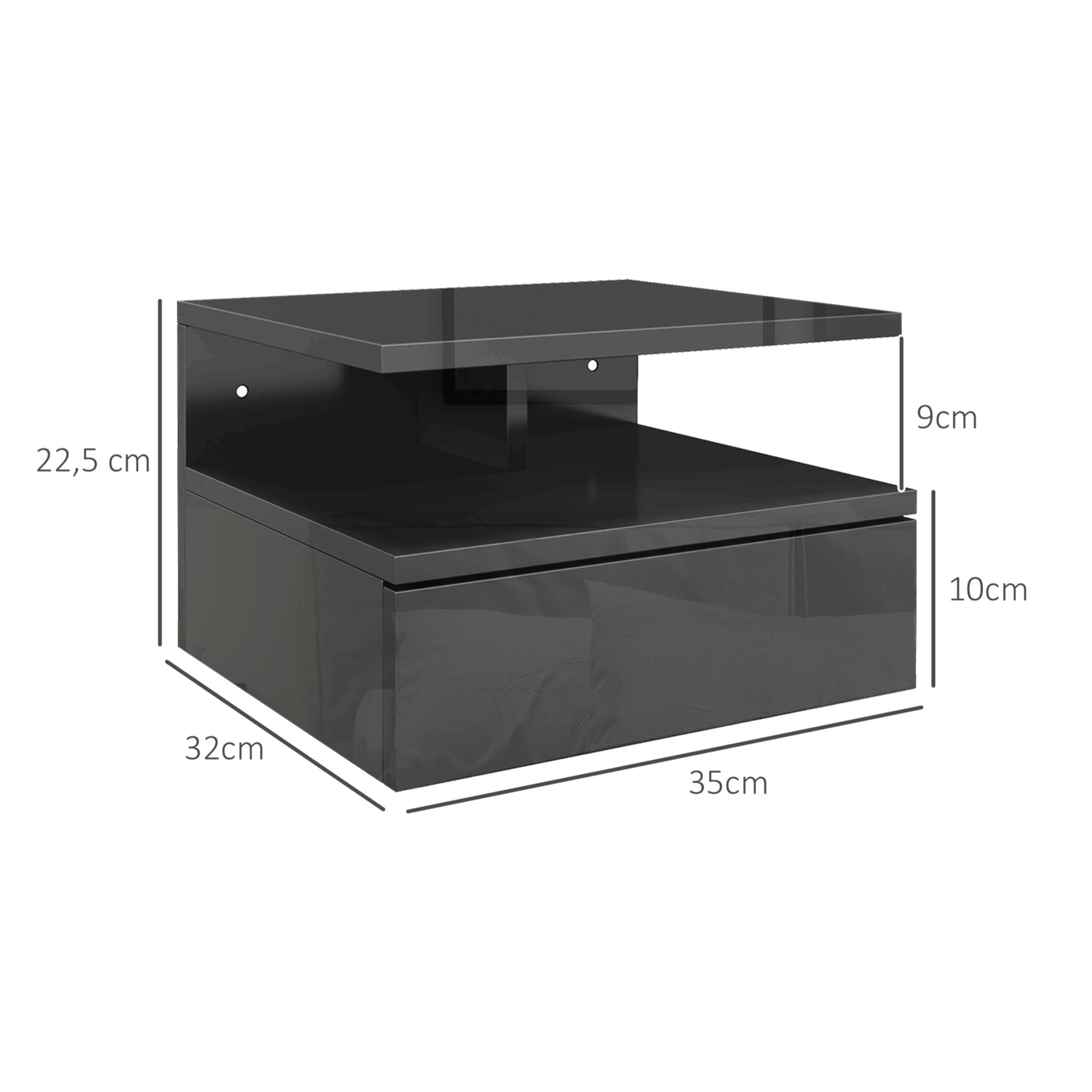 Juego de 2 Mesitas de Noche Flotantes, Mesillas de Noche Dormitorio con Cajón, Estante Abierto, para Sala de Estar, 35x32x22,5 cm, Negro Brillo