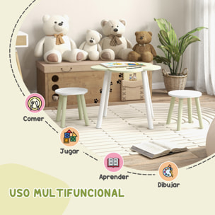 Juego de Mesa y 2 Sillas Infantiles Mesa con Sillas para Niños de 2-5 Años con Mesa en Forma de Flores Ø59x50 cm y Sillas Ø28x26 cm para Dormitorio Sala Blanco y Verde Pastel